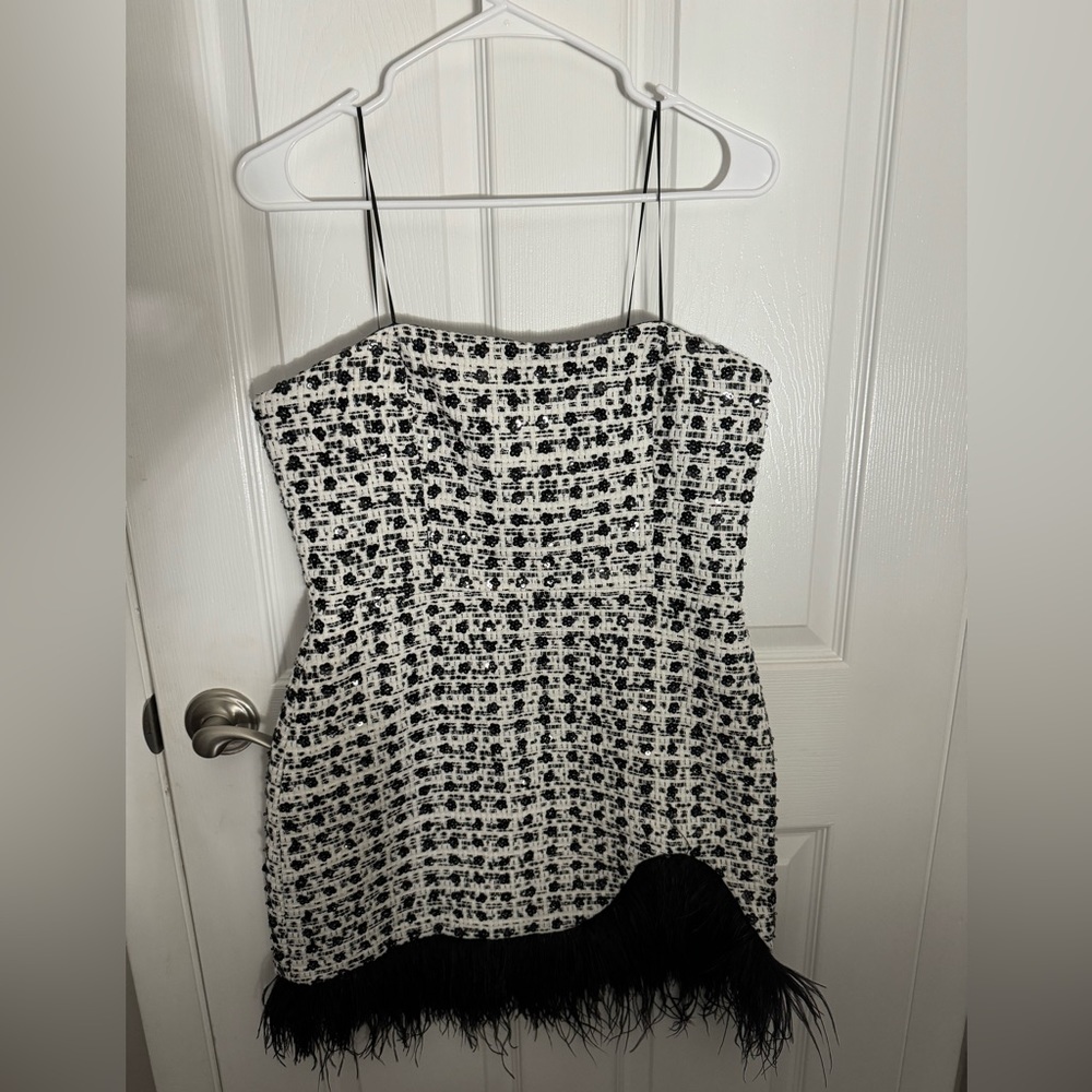 Amanda Uprichard Black and White Tweed Mini Dress with Feather Hem